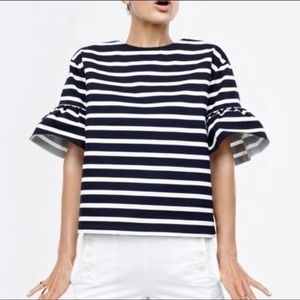 New J Crew Mariner Cloth Ruffle Sleeve T Shirt Stripe Black